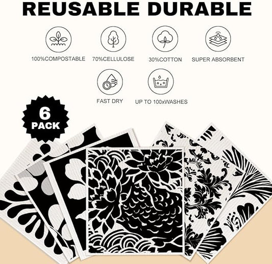 6 Pack Swedish Dishcloths, Black White Geometric Kitchen Towels Reusable Washable, Quick Drying, Dishwasher Safe for Kitchen Home Cleaning,Gifts for Women