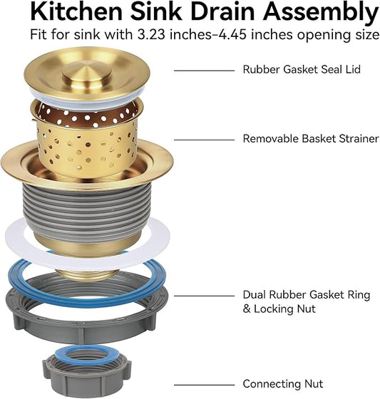 LQS Kitchen Sink Drain Strainer Assembly, Sink Drain 304 Stainless Steel with Removable Deep Waste Basket and Sealing Lid 3-1/2-inch Golden