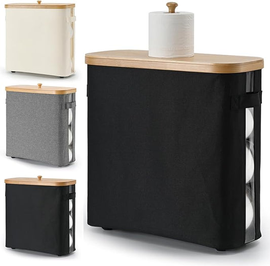 32L Bathroom Toilet Paper Storage Basket with Lid and Handle - Mega Capacity, Bamboo Collapsible Toilet Paper Holder Storage with Non-Slip Bottom, Extra Toilet Roll Storage, Starry Black,1 Pack