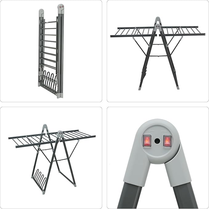 Electric Heating Clothes Drying Rack,Foldable Clothes Drying Rack,Suitable for Drying Clothes, Shoes and Socks.Plug & Play,Space Gray,Aluminum Alloy,One-Click Switch(39.37×52.56×25.98in)