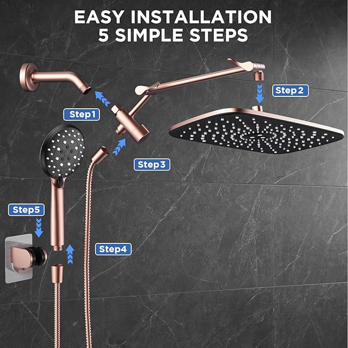 Veken 11.8" Rain Shower Head with Handheld, High Pressure Handheld Shower with Multi Spray Modes, Rainfall Combo with Metal Extension Arm, Detachable Dual Showerhead, Bathroom Decor, Rose Gold
