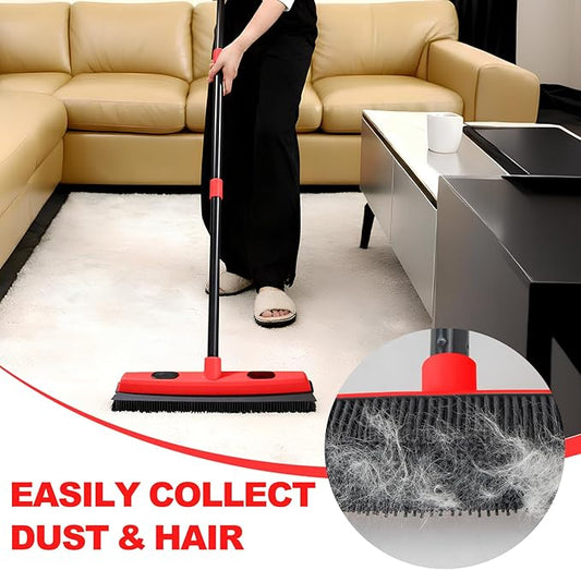 Rubber Broom for Pet Hair Removal with Squeegee, 49Inch Long Iron Handle Design, Portable Lint Remover Brush, Suitable for Carpets, Hardwood Floors and Tile Cleaning.