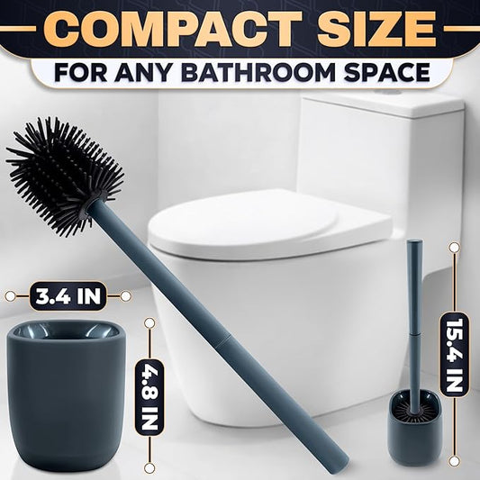 Toilet Brush and Holder Set - Silicone Toilet Brush Cleaner with Dark Grey Holder Base, Compact Accessory for Small Spaces - Easy to Place & Simple to Store After Use, Plastic Bathroom Cleaning Tool