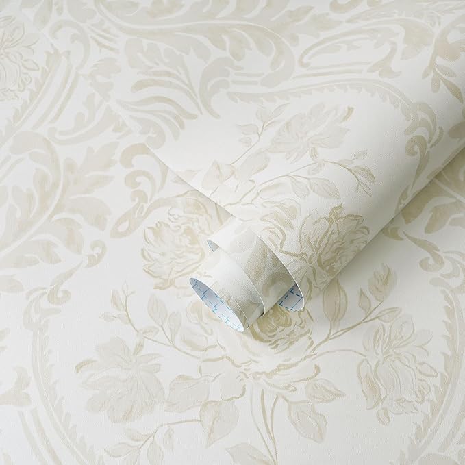 Ismoon Floral Peel and Stick Wallpaper Vintage Beige Contact Paper Boho Watercolor Damask Wall Paper Textured Removable Self Adhesive Vinyl Wallpaper for Cabinet Bedroom Wall Decor, 17.3x393in
