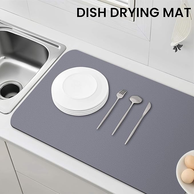WISELIFE Dish Drying Mat Super Absorbent Drying Mat Large Dish Drying Mats for Kitchen Counter Easy Clean Dish Mat Kitchen Drying Mat18"x 36" Classic Grey
