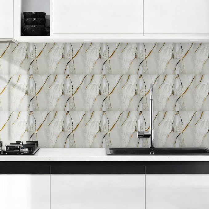 30 Sheets Peel and Stick Wall Panels, Self-Adhesive PVC Wall Panels for Kitchen Backsplash, Bathroom Decoration, 11.8" x 11.8" (Tile Effect Wallpaper)