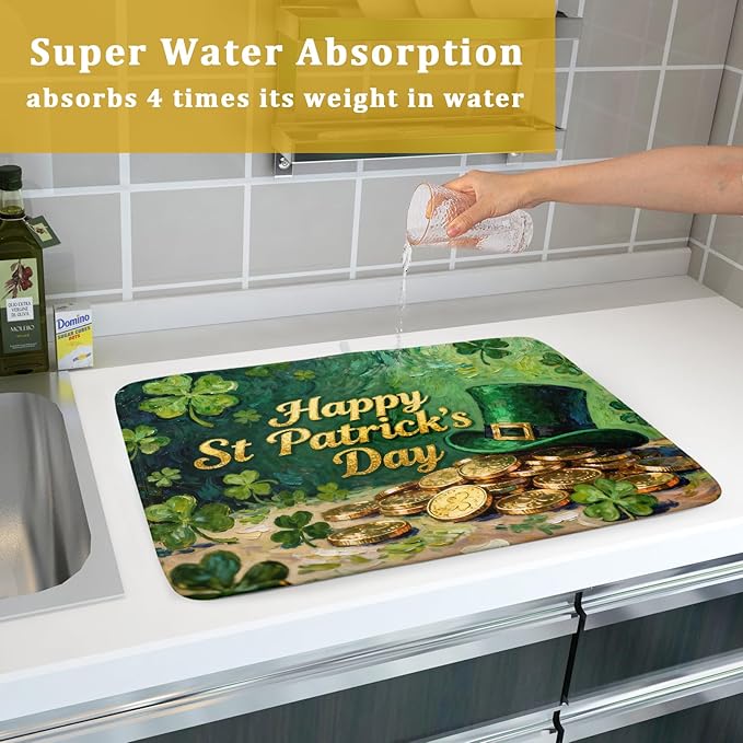 St Patrick's Day Dish Drying Mat for Kitchen Counter 18x24 Gold Green Lucky Clover Hat Coin Happy Holiday Absorbent Reversible Microfiber Drying Mats Kitchen Countertop Protector Dishes Drainer Pad