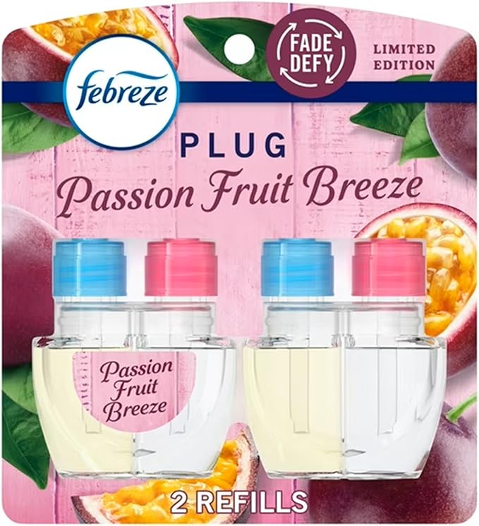 Febrezee Plug In Refills New Edition Plug In for Odor-Fighting Fade Defy PLUG Air Freshener, (2) Count of 0.87 fl oz Refills (Passion Fruit Breeze)