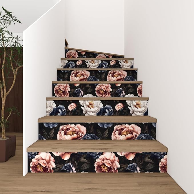 Fvlow Vintage Floral Wallpaper Peel and Stick Dark Black White Red Rose Flowers Wall Paper 17.4" x 394" Waterproof Self Adhesive Removable Contact Paper for Bedroom Cabinets Table Drawers Home Decor