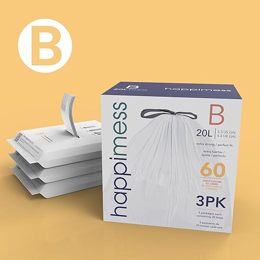 happimess 5.3 Gallon (20L) Drawstring Trash Bags, Unscented, White, Heavy Duty LDPE Liners for Kitchen and Household, Custom Fit 60 Count (3 Packs of 20 Liners) HPM3000B-WHITE