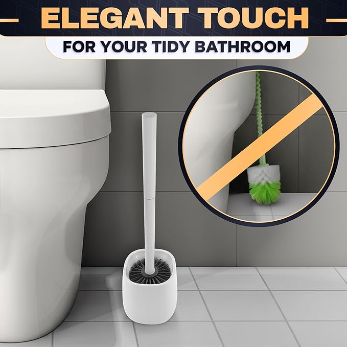 Toilet Brush and Holder Set - Silicone Toilet Bowl Brush with White Holder Base, Compact Bath Accessory for Small Spaces - Easy to Place and Simple to Store After Use, Plastic Bathroom Cleaning Tool