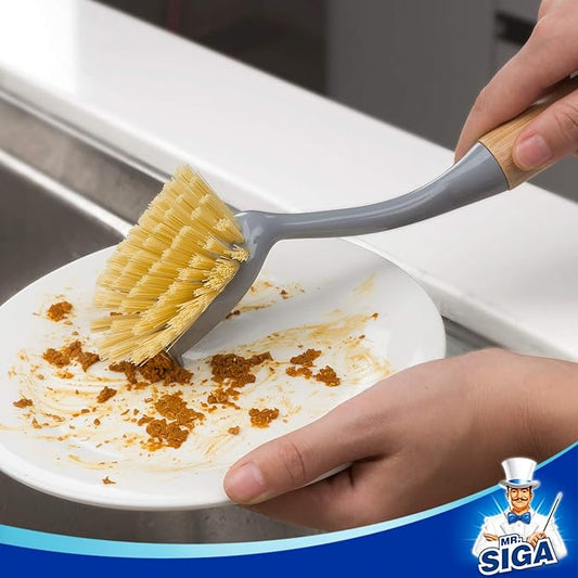 MR.SIGA Dish Brush with Long Bamboo Handle Built-in Scraper, Scrub Brush for Pans, Pots, Kitchen Sink Cleaning, Pack of 2
