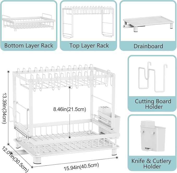 Dish Drying Rack,2-Tier Dish Racks for Kitchen Counter with Drainboard & Utensil Holder,Large Dish Drying Rack for Bowls/Cups/Bottles (White)