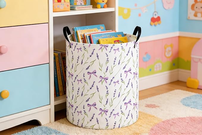 Kids Laundry Basket Flower Hamper for Nursery Girls Hamper Cute Kids Storage Bin Organizer Room Decor for Home(Purple flowers)
