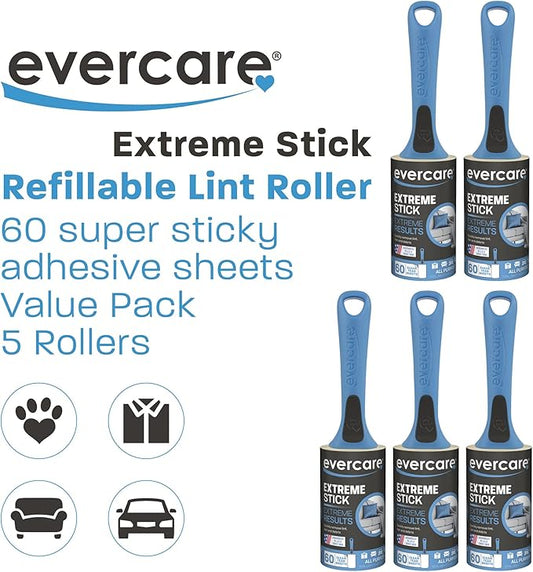 Evercare All Purpose Lint Brush, Value Pack - 5 Rollers (300 Sheets Total), Blue