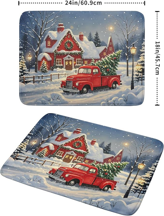 Christmas Dish Drying Mat for Kitchen Counter 18x24 Red Truck Winter Xmas Snow Scene Holiday Theme Absorbent Reversible Microfiber Drying Mats Kitchen Countertop Protector Dishes Drainer Pad