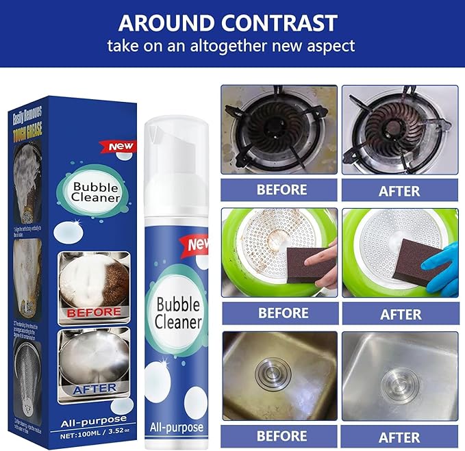 Bubble Cleaner Foam,Foaming Heavy Oil Stain Cleaner,All-Purpose Rinse-free Cleaner Spray,Kitchen Deep Cleaning Spray,Powerful Stain(100ML*5PCS) (5)