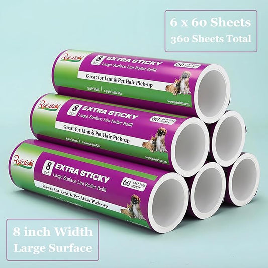 8 inch Large Surface Roller Refills Compatible with Scotch-Brite Pet Hair Pickup Extra Sticky Large Lint Roller Replacement 60 Easy-Tear Adhesive Sheets per Refill Pack of 6 Rolls 360 Sheets Total