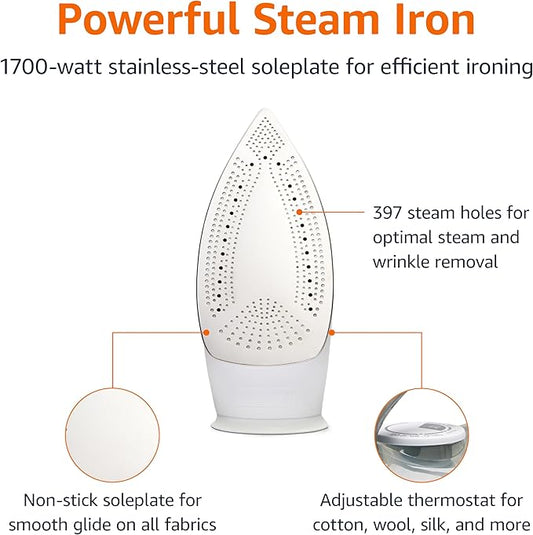 Amazon Basics Steam Iron for Clothes with Safety Auto Shut-Off, Handheld Garment Steamer, Wrinkle Remover, Stainless Steel Soleplate, Anti-Drip, 1700-Watt, 1.62ft, Gray