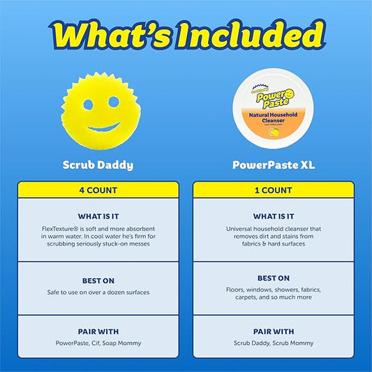 Scrub Daddy Sponges & PowerPaste XL Value Pack - 4 Scrub Daddy Multipurpose Dish Sponges & PowerPaste XL All-Purpose Cleaning Paste - Scratch-Free, Multi-Surface Household Cleaning Supplies Kit (5ct)