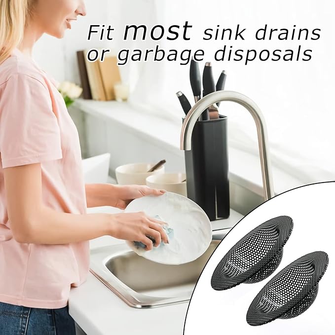 2 Pcs Black Kitchen Sink Drain Strainer for Most Drains, Stainless Steel, Large Wide Rim, 4.5in Diameter, Anti-Clogging, Rust Free