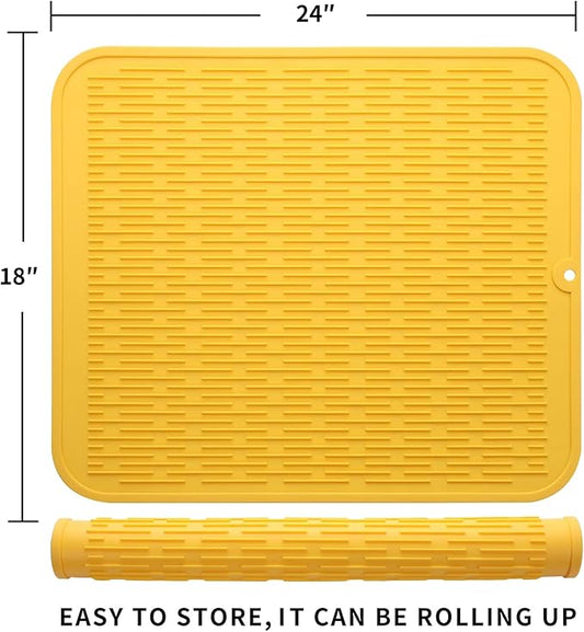MicoYang Silicone Dish Drying Mat for Multiple Usage,Easy clean,Eco-friendly,Heat-resistant Silicone Mat for Kitchen Counter or Sink,Refrigerator or Drawer Liner Yellow 2XL 24 inches x 18 inches