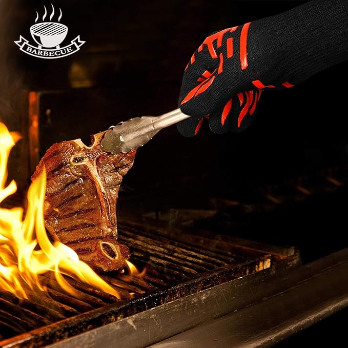 BBQ Grill Gloves 1472°F Heat Resistant, XL Long Non-Slip Oven Mitts Grilling Gloves for Men, for Campfire Cooking & Fire Pit, Smoker, Outdoor Cooking Essentials, Washable, Red