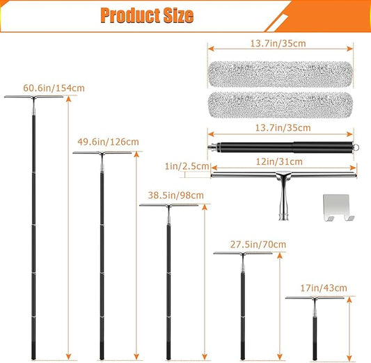 Max 62'' Metal Squeegee with Extension Pole for Window, Glass Door, Mirror,12'' Wide Telescopic Shower Squeegee Cleaner With Long Handle for Cleaning Tile Wall, Floor, Car, Bathroom,Screen, Windshield