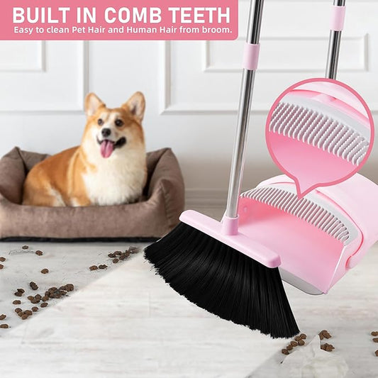 Broom and Dustpan Set, Broom Dustpan Combo Set for Home Commercial Cleaning Supplies Angle Broom with Long Handle Perfect for Courtyard Garage Street (Small-Pink)