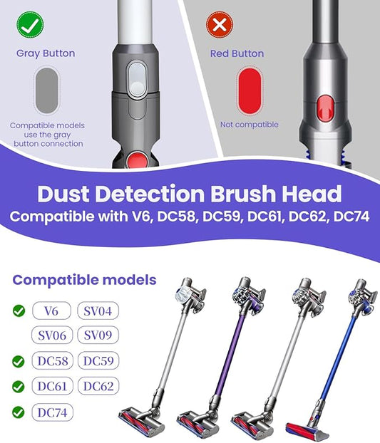 Dust Detection Replacement Brush Head for Dyson V6 DC58 DC59 DC61 DC62 DC74 SV04 SV06 SV09 – LED Green Light Floor & Carpet Attachment, Vacuum Head Accessory for Deep Cleaning