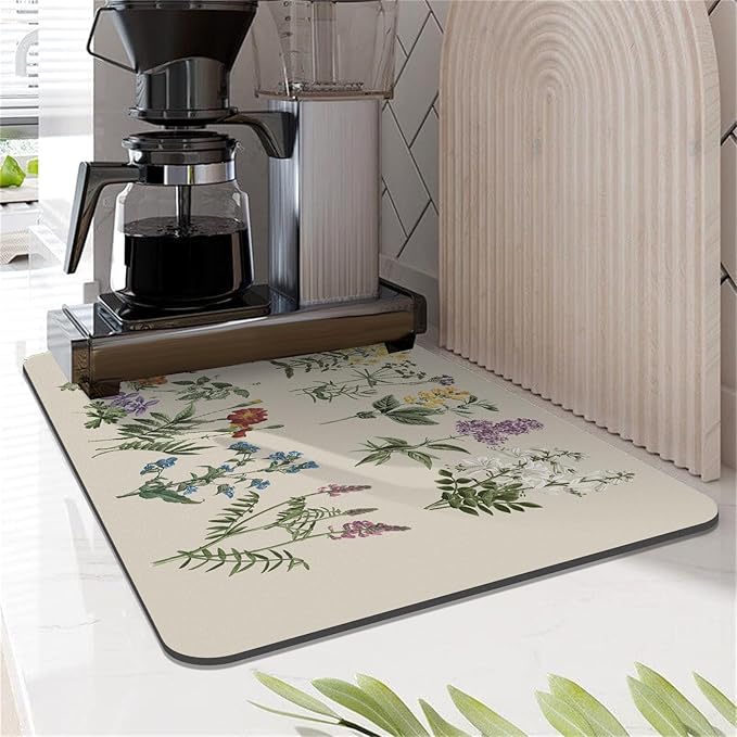 LOKHOM Dish Drying Mat for Kitchen Counter, 12"x20" Absorbent Coffee Bar Mat with Vintage Sage Flower Herbs, Dish Drainer Rack Mat for Kitchen Counter
