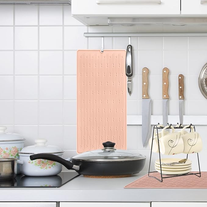 GeeRic Dish Drying Mats, Heat-resistant Silicone Mat for Kitchen Counter, Non-Slip Dish Dry Mat Dishwasher Safe Large, Pink