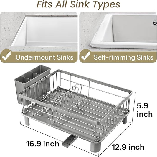 SNTD Dish Drying Rack - Small Dish Rack for Kitchen Counter, Stainless Steel Dish Drainer with Utensil Holder and Drainboard, 12.9" W x 16.9" L (Grey)
