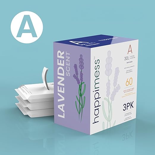 happimess 8 Gallon (30L) Drawstring Trash Bags, Lavender Scent, White, Heavy Duty MDPE Liners for Kitchen and Household, Odor Control, Custom Fit 120 Count (6 Packs of 20 Liners) HPM3101A-W-6SET