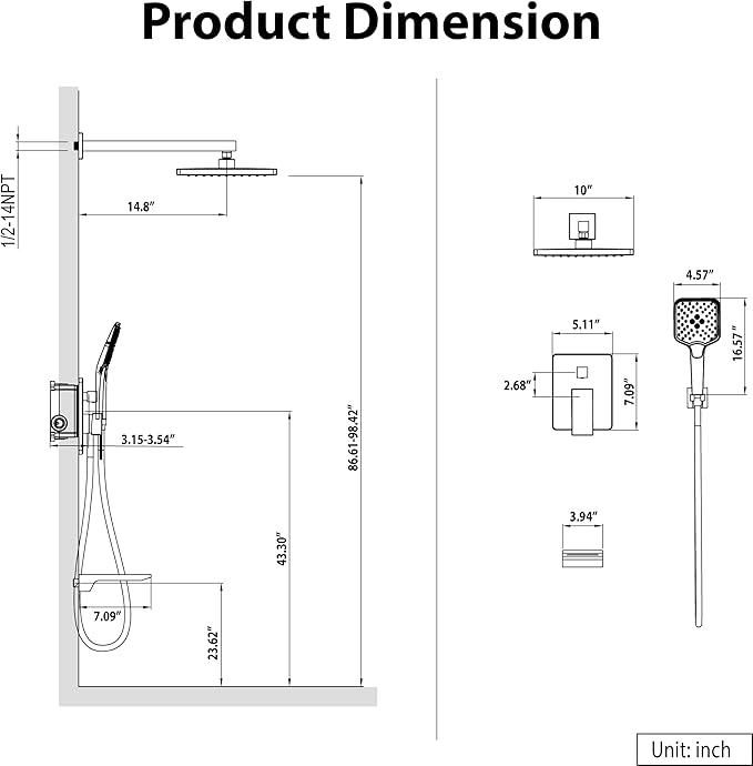 Gabrylly Shower System with Tub Spout, Wall Mounted Tub Shower Faucet Set for Bathroom with High Pressure 10" Rain Shower head and 3-Setting Handheld Shower Head Set, Matte Black