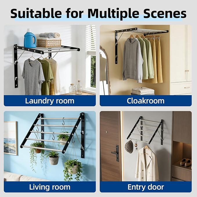 Wall Mounted Drying Rack for Laundry, 13”-23” Retractable Clothes Drying Rack, Drying Rack Clothing with 5 Smooth Round Stainless Steel Rods, Space Saving for Bathroom, Laundry Room, Apartments, Black