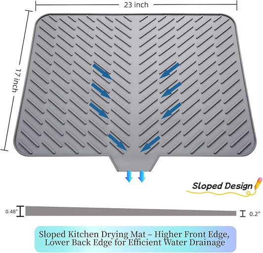Silicone Drying Mat, 23"X17" With Built-in Drain Lip,Heat-Resistant,Eco-friendly,Hygienic Drying Pad,Leak-Proof and Non-Slip,Silicone Dish Drying Mat for Kitchen Counter or Sink(Gray 23X17)