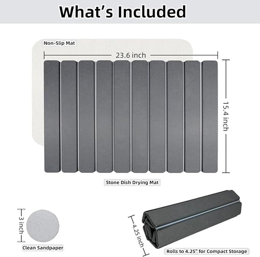 Large Stone Dish Drying Mat for Kitchen Counter Sink Bathtub, Diatomaceous Earth Food Grade Super Absorbent Self-Drying Fast Dry, Foldable Easy-to-Clean Eco-Friendly Drying Pad, 24"×16", Dark Gray