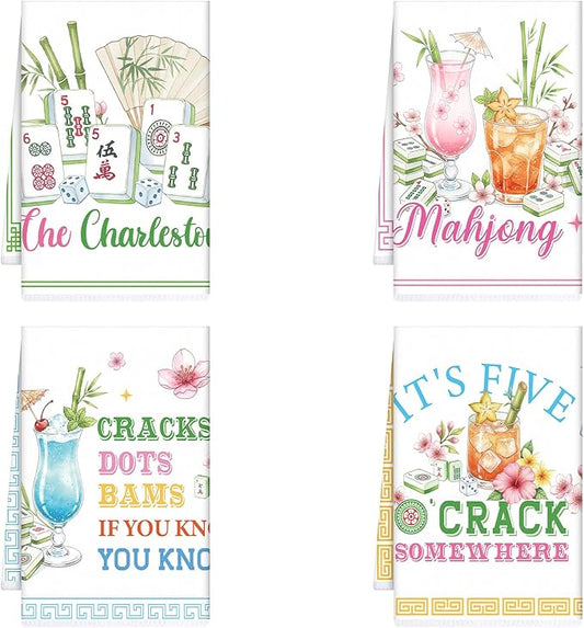 Mahjong Gifts Kitchen Towels, 4PCS Mah Jongg Gifts Dish Towels for Cooking Cleaning, Mahjong Accessories Absorbent Tea Towel with Hanging Loop for Home Decor(16 X 24 Inches)