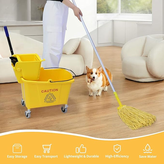 35 Quarts Commercial Mop Bucket Set with Side-Press Wringer for Floor Cleaning, Yellow, Including One Commercial Mop