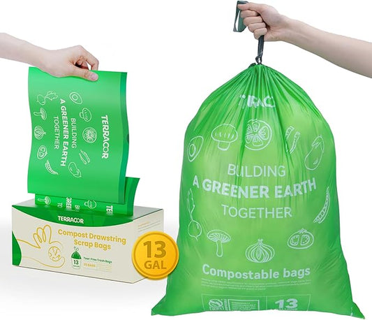 13 Gallon Compostable Trash Bags Drawstring, Heavy Duty Extra Thick 1 Mil, 35 Bags, Tall Kitchen Food Scrap Waste Bag, ASTM D6400