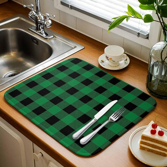 Dish Drying Mat Green Black Check Plaid Drying Mats for Kitchen Counter Farmhouse Style Absorbent Microfiber Dish Drainer Quick Drying Coffee Mat with Hanging Loop, 16 x18 inch