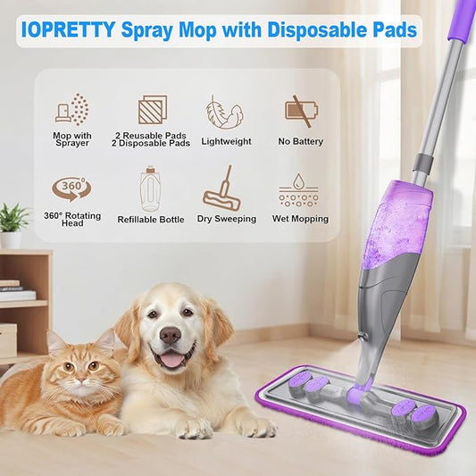 Spray Mops for Floor Cleaning - Wet Dry Mops with 2 Washable + 2 Disposable Pads for Swiffer Powermop - Refillable Bottle for Hardwood Tile Home Kitchen - Absorbs Pet Hair Dust Stains