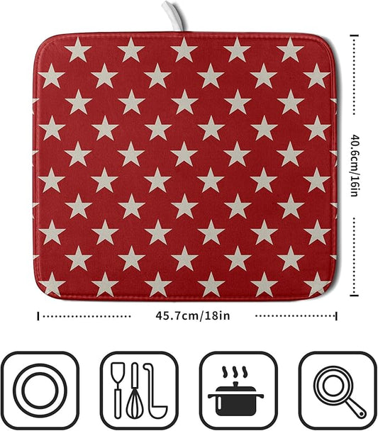 Patriotic July of 4th Red Star Dish Drying Mat for Kitchen Counter 16x18 Memorial Independence Day Absorbent Reversible Microfiber Drying Mats Kitchen Countertop Protector Dishes Drainer Rack Pad
