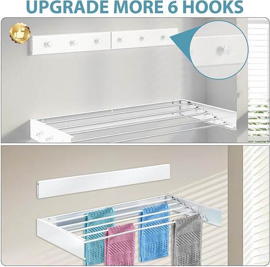 Wall Mounted Drying Rack 31.5", Upgrade 6 Knob Hooks, 5 Aluminum Poles, 40 lb. Load Capacity, Foldable, Retractable, Space Saving Clothes Drying Rack (31.5" White)
