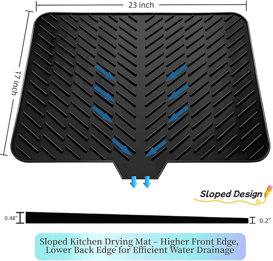 Silicone Drying Mat, 23"X17" With Built-in Drain Lip,Heat-Resistant,Eco-friendly,Hygienic Drying Pad,Leak-Proof and Non-Slip,Silicone Dish Drying Mat for Kitchen Counter or Sink(Black 23X17)