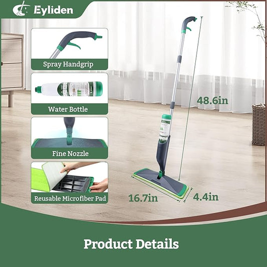 Eyliden Spray Mop with Bio-Enzyme Cleaner - Floor Mop for Hardwood, Tile & All Floors | Breaks Down Grease & Odors Naturally | 360° Swivel, 2 Washable Pads, 40ml Cleaner, Long-Lasting Freshness