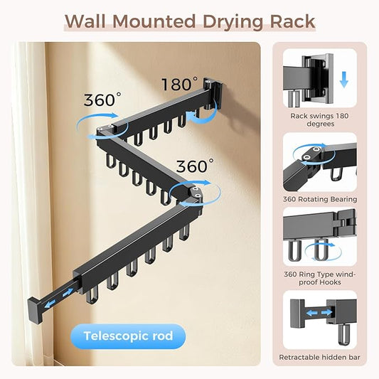 Wall Mounted Clothes Drying Rack, Space-Saving Foldable Clothes Drying Rack, Wall Clothes Hanger with 18 Hooks for Indoor & Outdoor Use in Laundry Room, Bathroom & Balcony