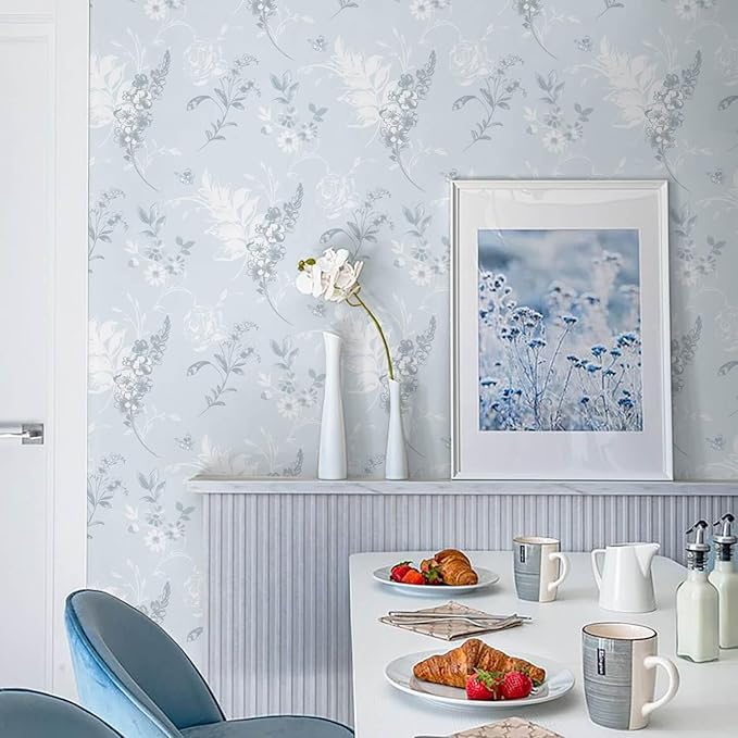 Heroad 17.3inx32.8ft Peel and Stick Wallpaper Delicate Floral Blue Wall Paper French Contact Paper for Cabinet Drawers Self Adhesive Removable Wallpaper for Bathroom Stick on Walls Decor Vinyl Roll