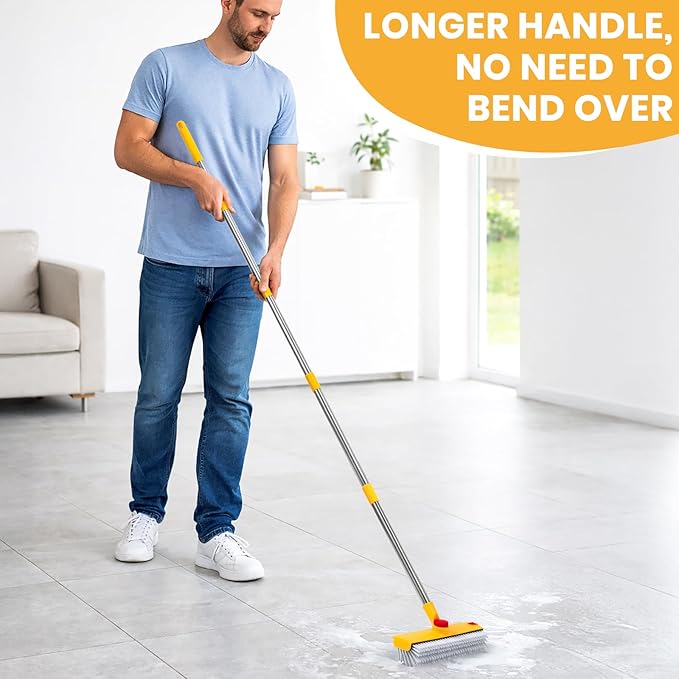64in Floor Scrub Brush with Long Handle,3 in 1 Hard Bristle Cleaning Brush with Scraper and Tweezers for Household Cleaning, Bathroom, Swimming Pool, Garage, Windows, Walls, and Terrace Decks